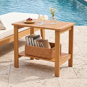 2-Tier Wood Patio End Table with Slatted Tabletop and Storage Shelf for Backyard-Natrual