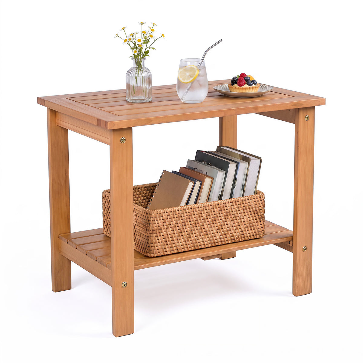 2-Tier Wood Patio End Table with Slatted Tabletop and Storage Shelf for Backyard-Natrual