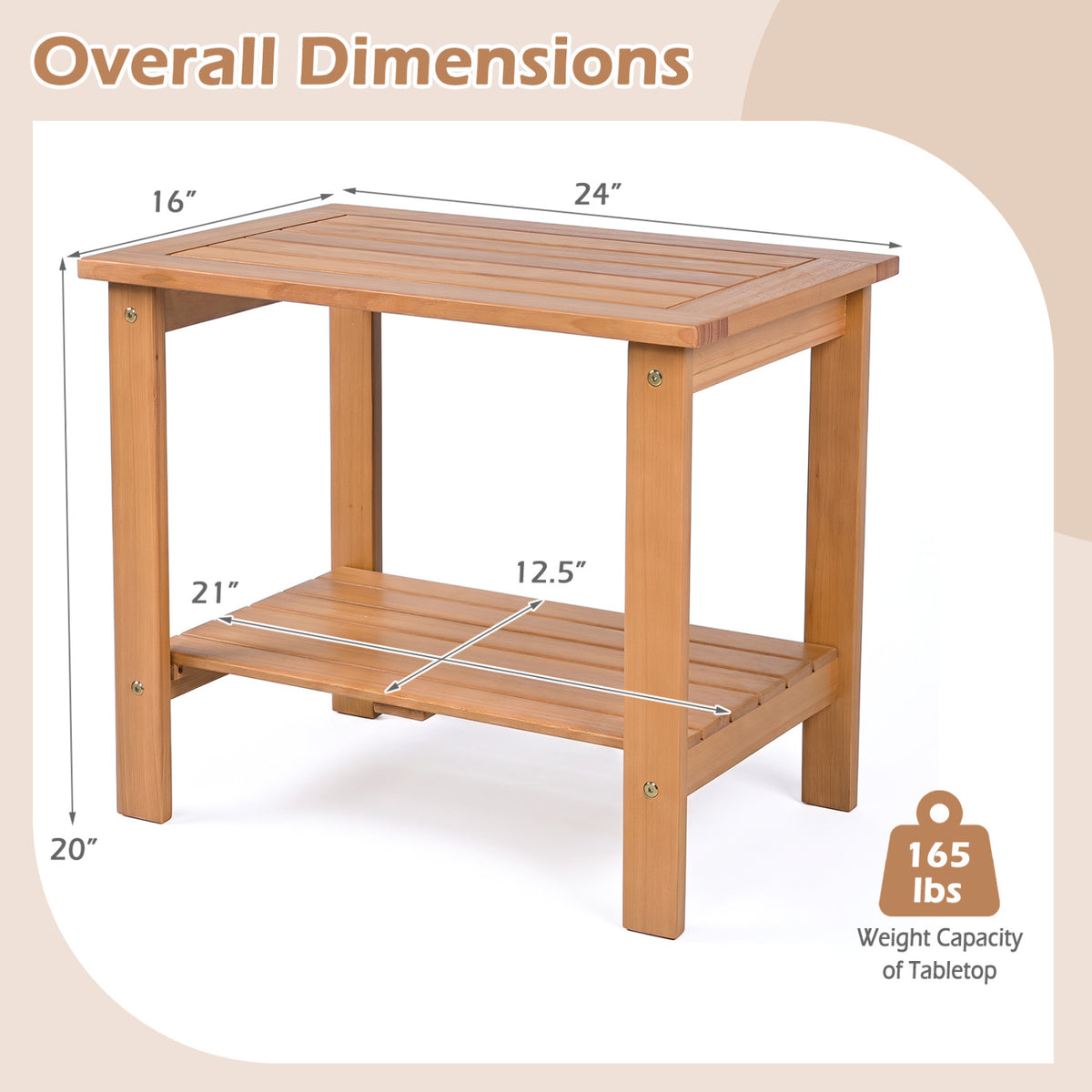 2-Tier Wood Patio End Table with Slatted Tabletop and Storage Shelf for Backyard-Natrual