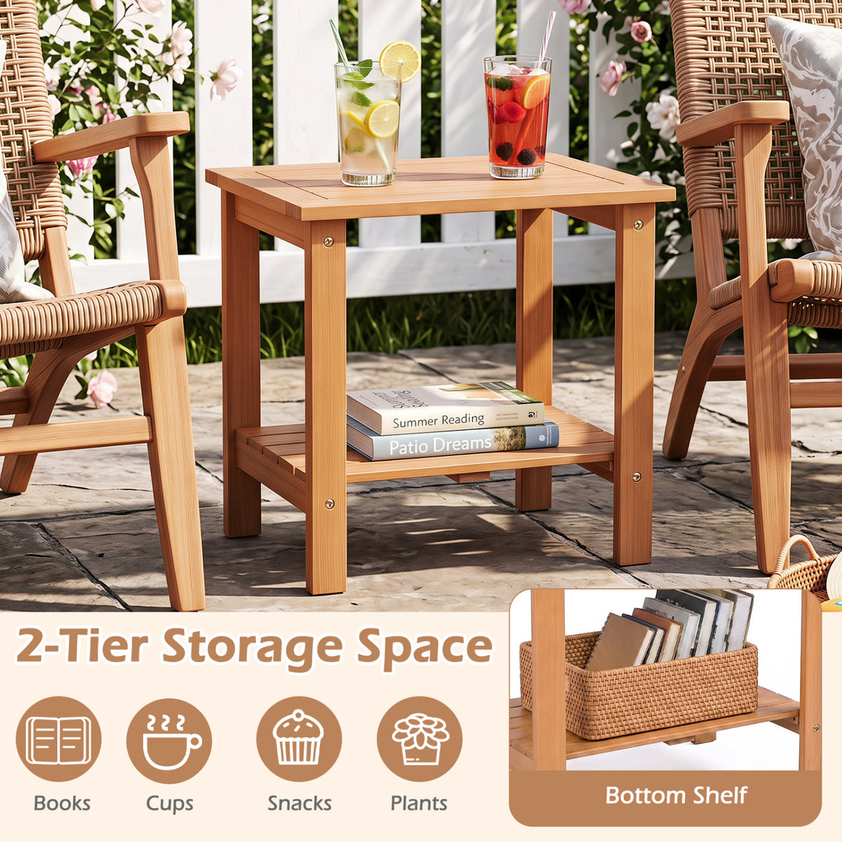 2-Tier Wood Patio End Table with Slatted Tabletop and Storage Shelf for Backyard-Natrual