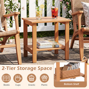 2-Tier Wood Patio End Table with Slatted Tabletop and Storage Shelf for Backyard-Natrual