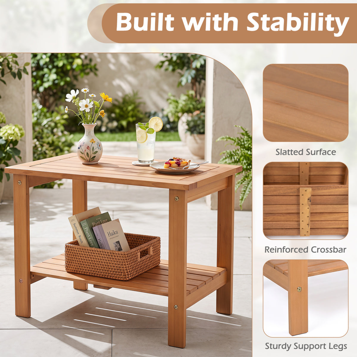 2-Tier Wood Patio End Table with Slatted Tabletop and Storage Shelf for Backyard-Natrual
