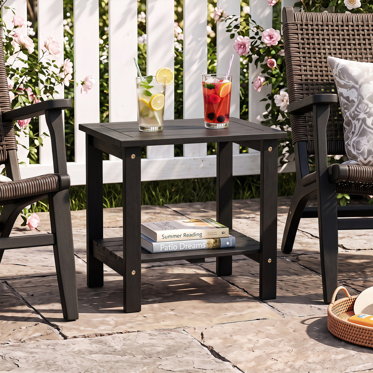 2-Tier Wood Patio End Table with Slatted Tabletop and Storage Shelf for Backyard-Black