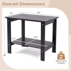 2-Tier Wood Patio End Table with Slatted Tabletop and Storage Shelf for Backyard-Black