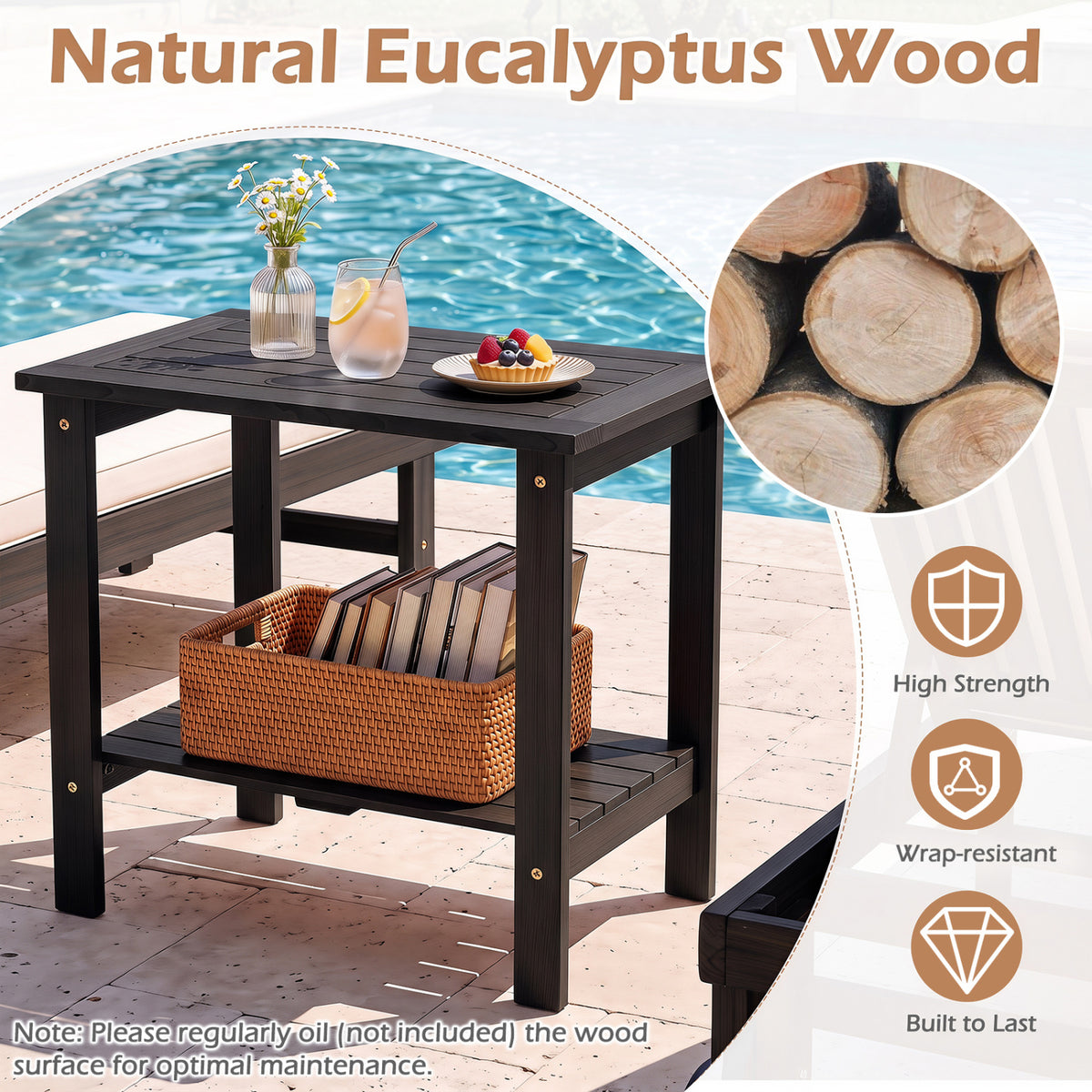 2-Tier Wood Patio End Table with Slatted Tabletop and Storage Shelf for Backyard-Black
