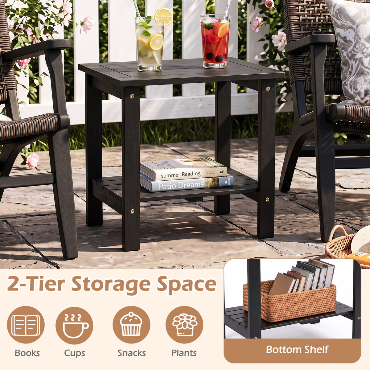 2-Tier Wood Patio End Table with Slatted Tabletop and Storage Shelf for Backyard-Black