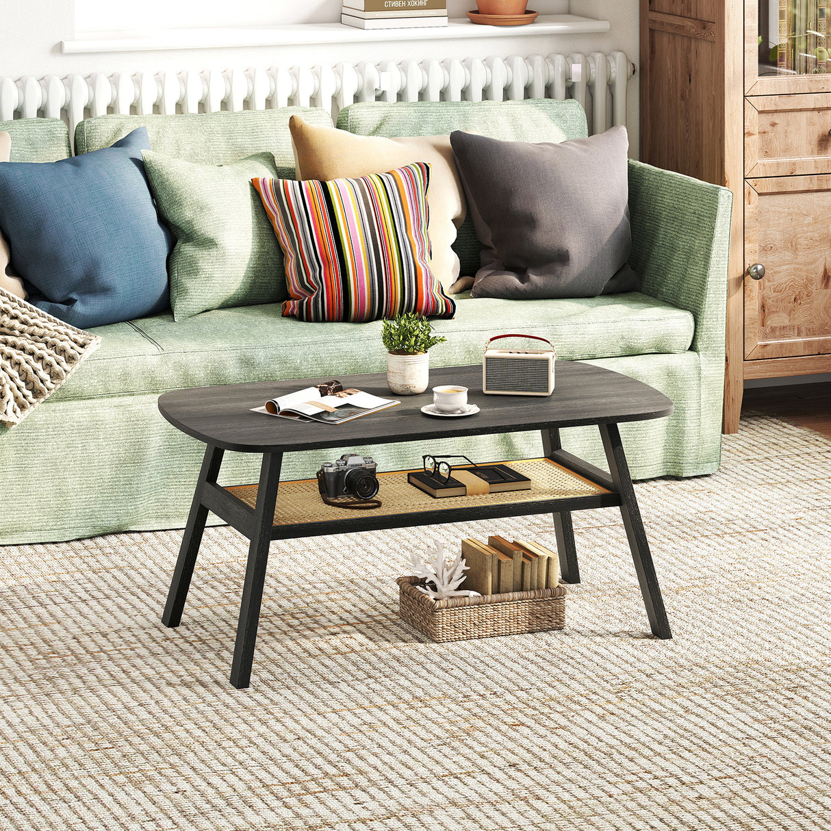 2-Tier Rectangular Center Coffee Table with Rattan Storage Shelf and Rubber Wood Legs-Dark Gray