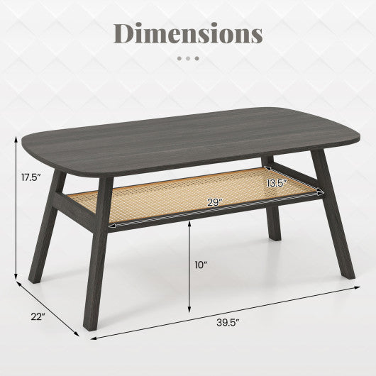 2-Tier Rectangular Center Coffee Table with Rattan Storage Shelf and Rubber Wood Legs-Dark Gray