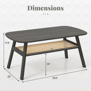 2-Tier Rectangular Center Coffee Table with Rattan Storage Shelf and Rubber Wood Legs-Dark Gray