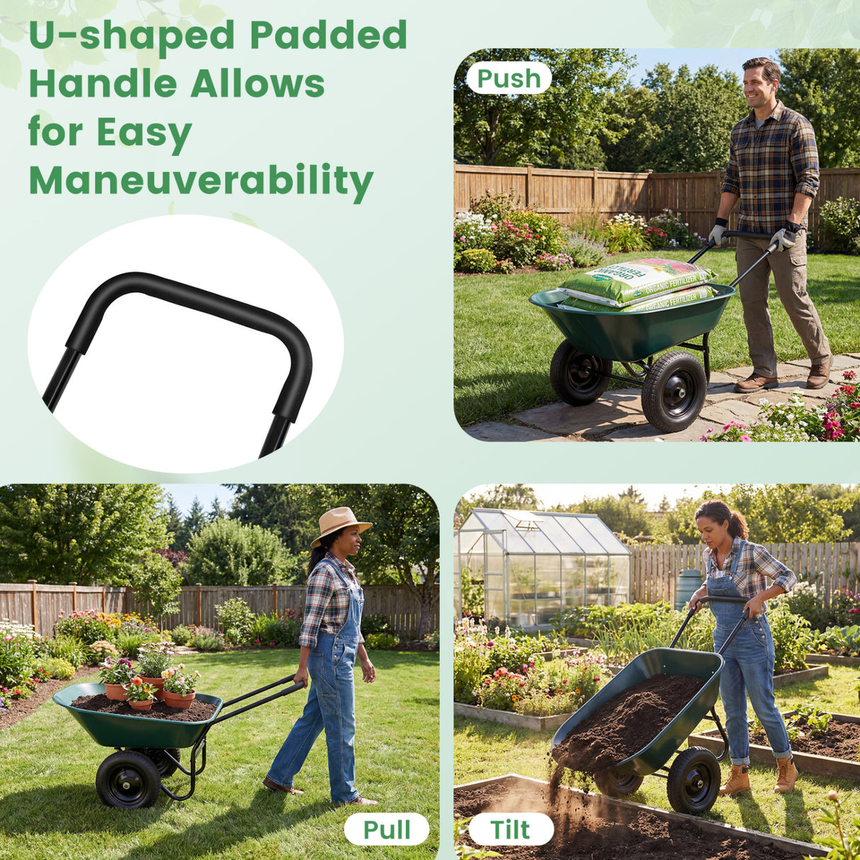 2 Tire Wheelbarrow Garden Cart Heavy-duty Dolly Utility Cart-Green