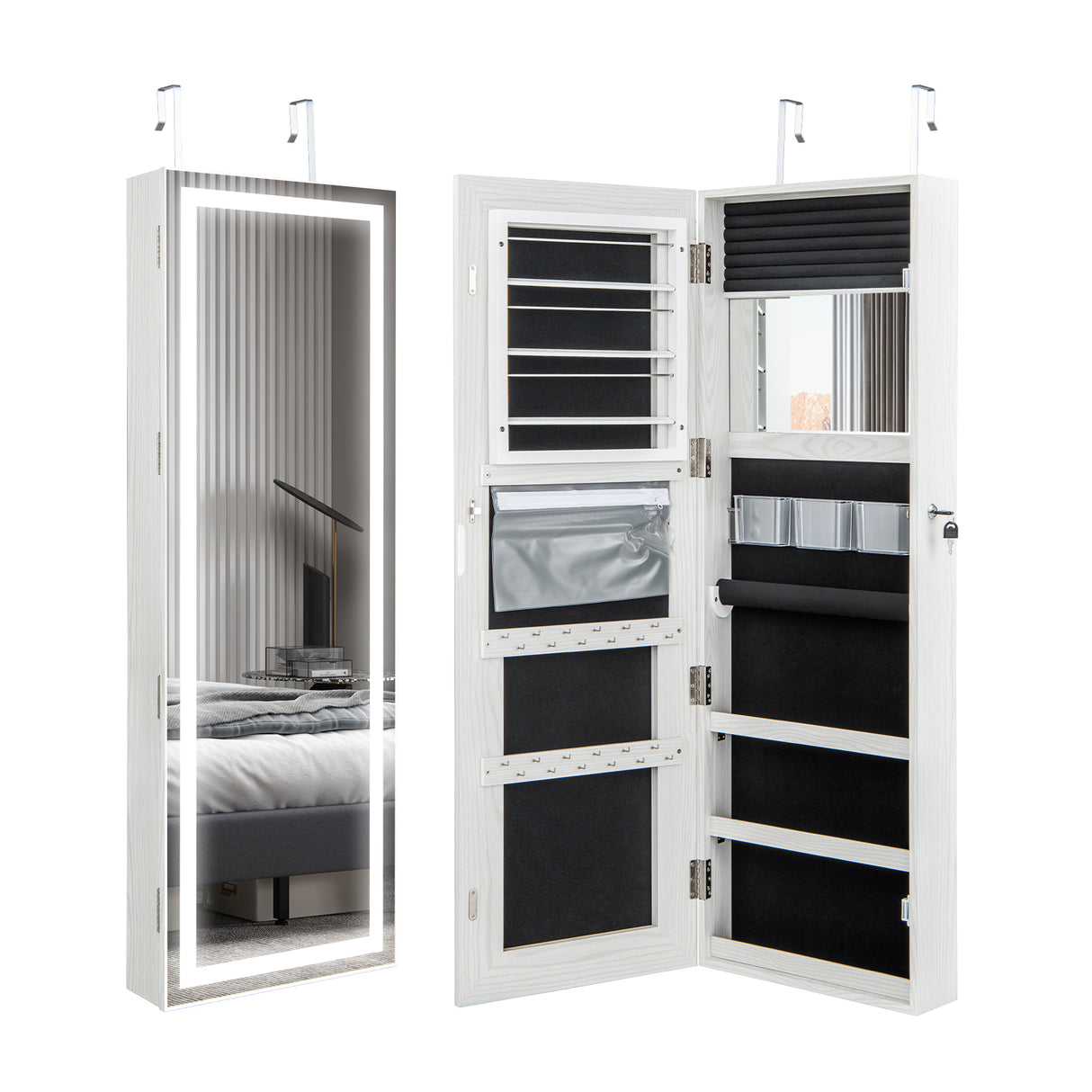 Mirrored Jewelry Armoire with Full Length Mirror and 2 Internal LED Lights-Black