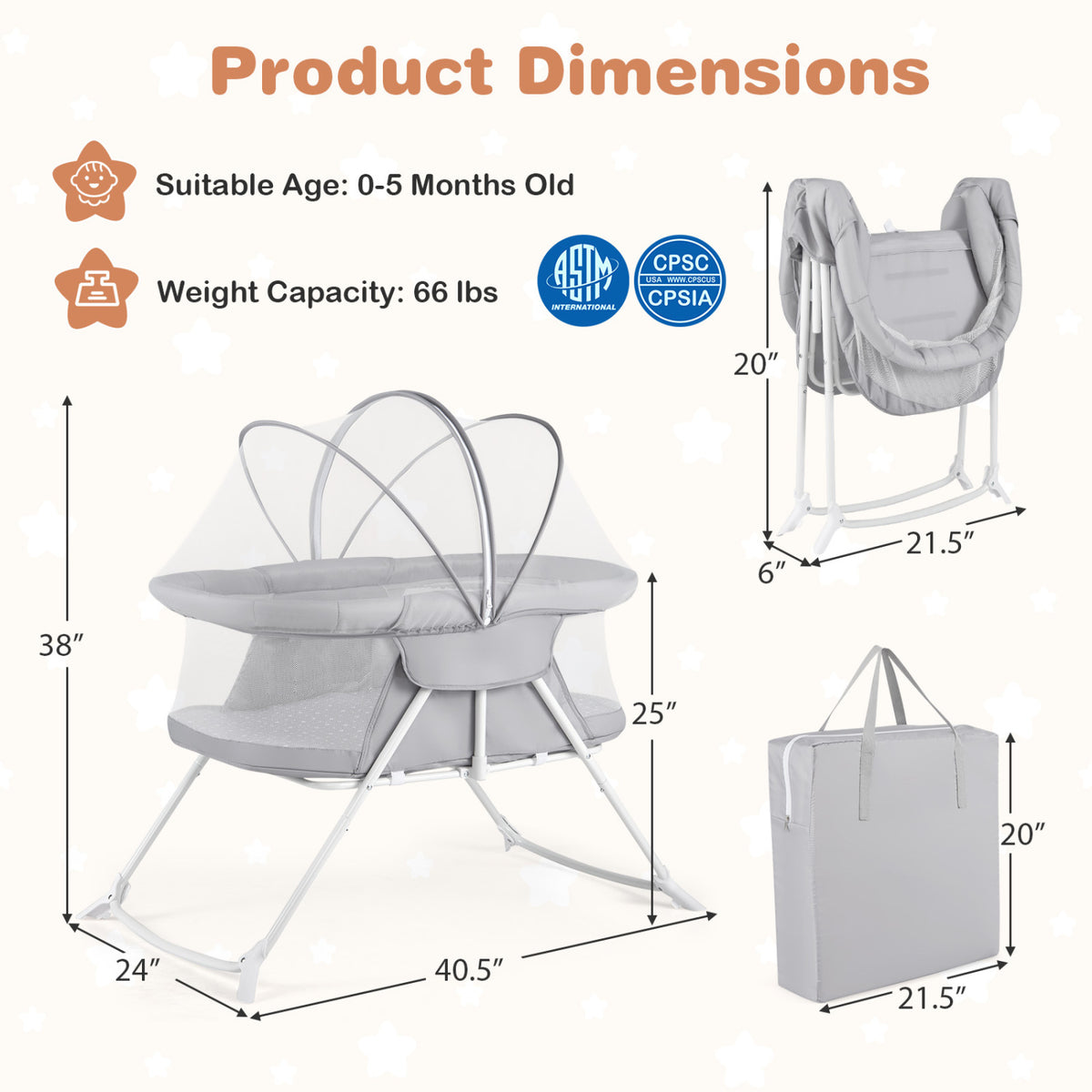 2 in 1 Baby Bassinet with Rocking Motion Foldable Bedside Sleeper with Breathable Mesh-Grey