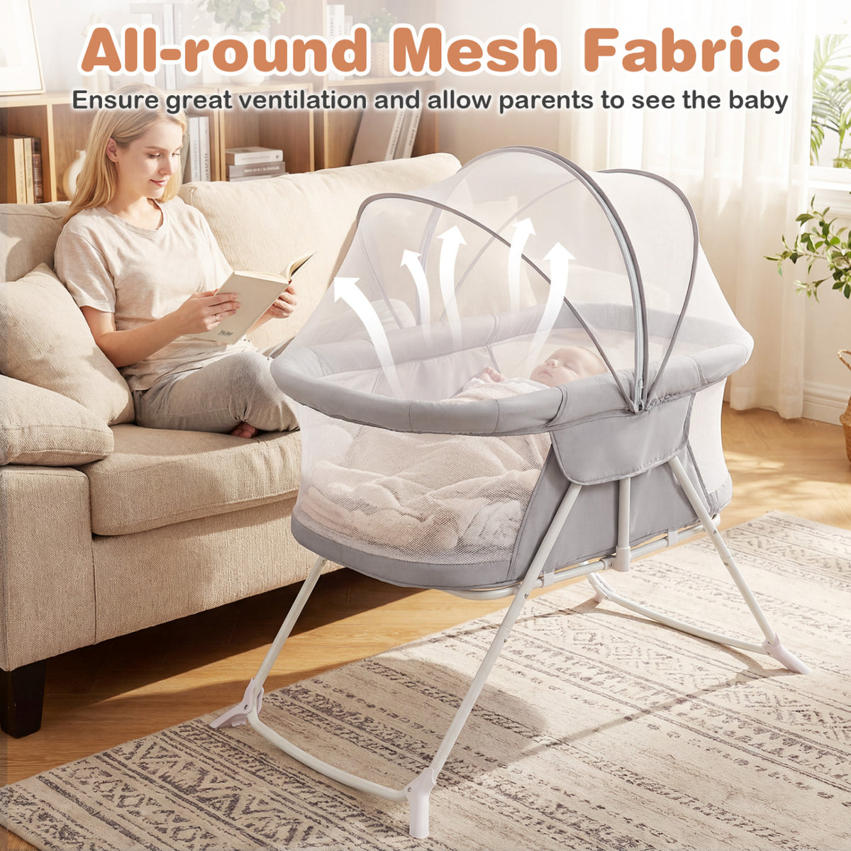 2 in 1 Baby Bassinet with Rocking Motion Foldable Bedside Sleeper with Breathable Mesh-Grey