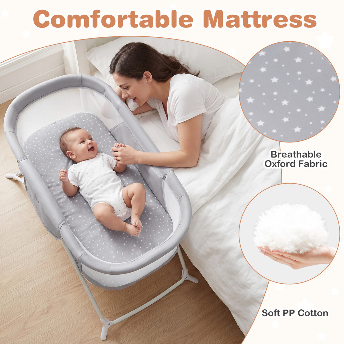 2 in 1 Baby Bassinet with Rocking Motion Foldable Bedside Sleeper with Breathable Mesh-Grey