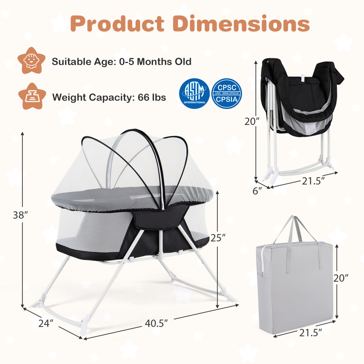 2 in 1 Baby Bassinet with Rocking Motion Foldable Bedside Sleeper with Breathable Mesh-Black