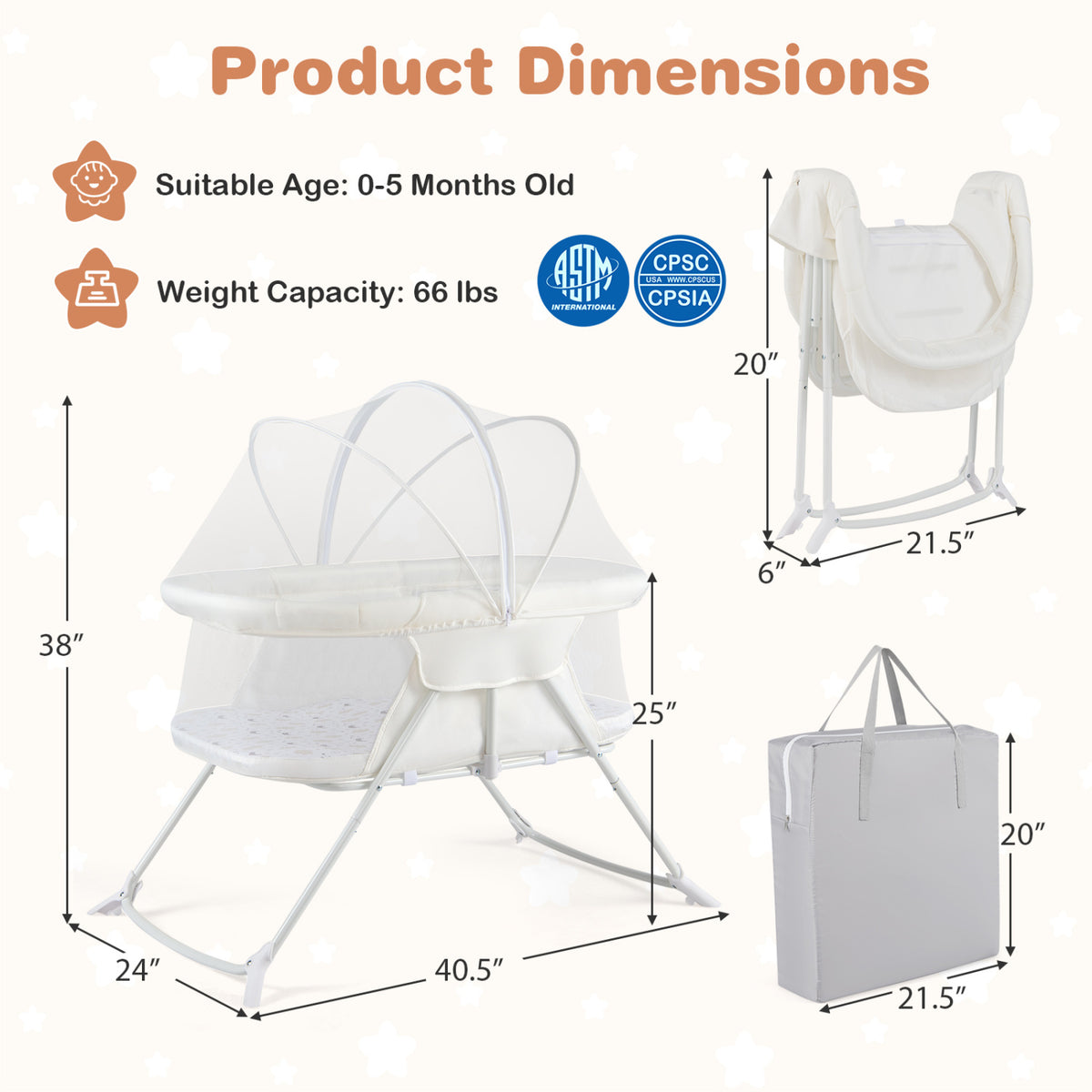 2 in 1 Baby Bassinet with Rocking Motion Foldable Bedside Sleeper with Breathable Mesh-Beige