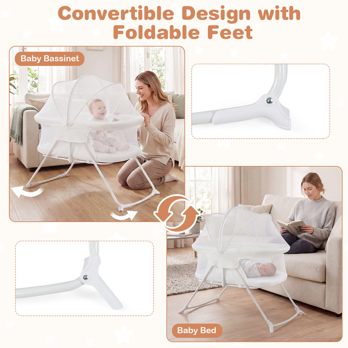 2 in 1 Baby Bassinet with Rocking Motion Foldable Bedside Sleeper with Breathable Mesh-Beige