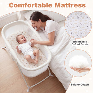 2 in 1 Baby Bassinet with Rocking Motion Foldable Bedside Sleeper with Breathable Mesh-Beige