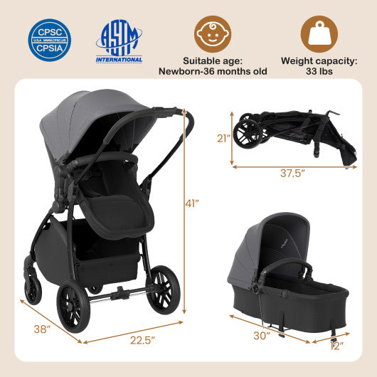 2-in-1 Baby Stroller with Bassinet Mode and Reversible Seat-Gray