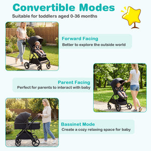 2 in 1 Baby Stroller with Bassinet Mode High Landscape with Reversible Seat and Canopy-Black