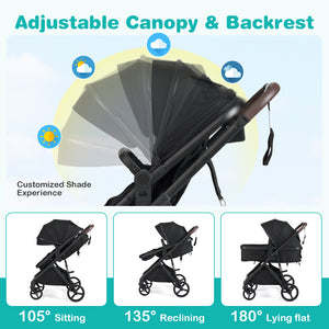 2 in 1 Baby Stroller with Bassinet Mode High Landscape with Reversible Seat and Canopy-Black