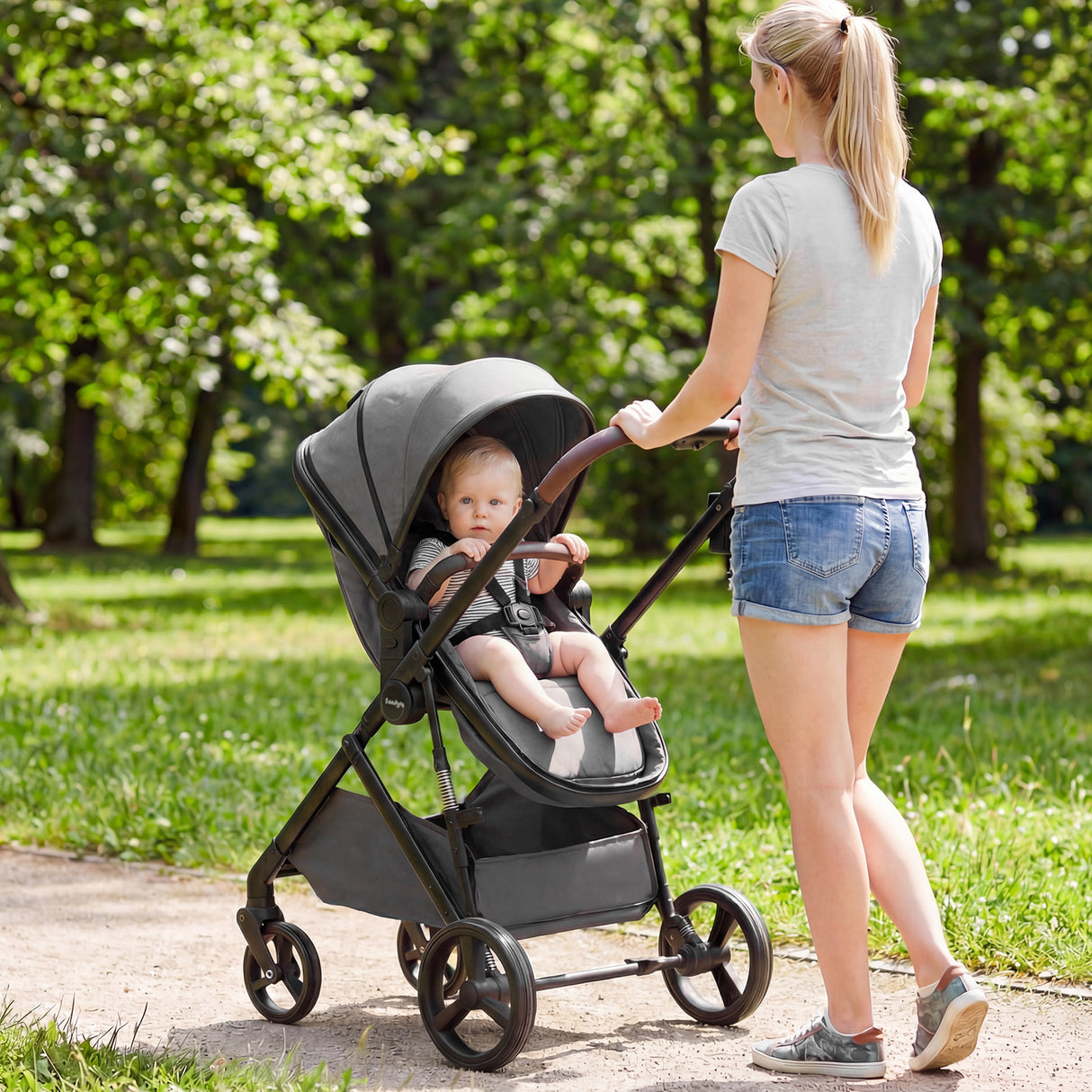 2 in 1 Baby Stroller with Bassinet Mode High Landscape with Reversible Seat and Canopy-Gray
