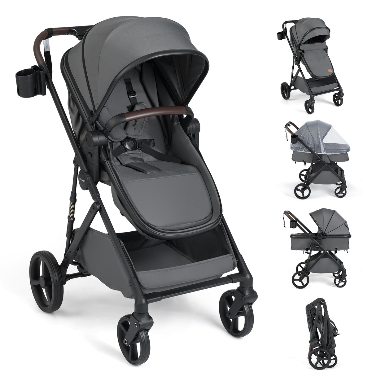 2 in 1 Baby Stroller with Bassinet Mode High Landscape with Reversible Seat and Canopy-Gray