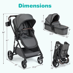 2 in 1 Baby Stroller with Bassinet Mode High Landscape with Reversible Seat and Canopy-Gray