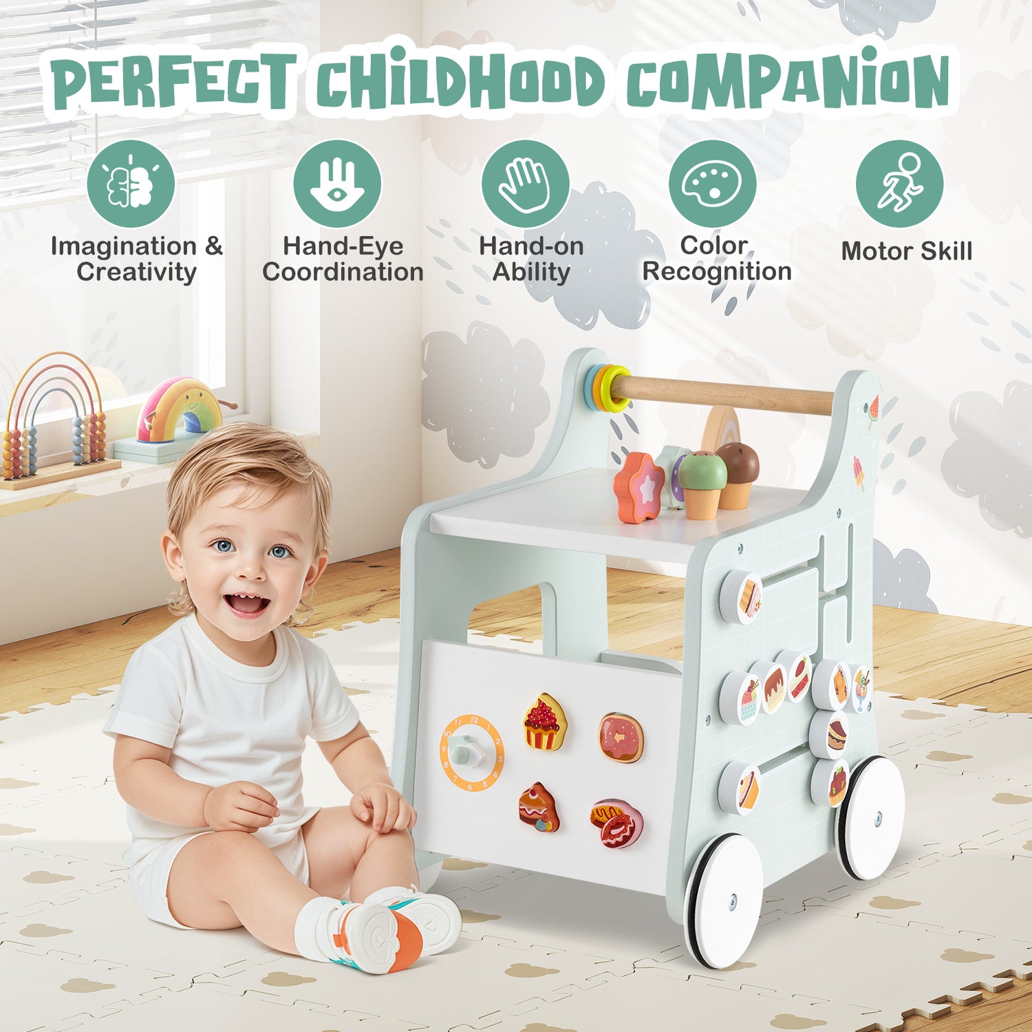 2-in-1 Baby Walker with Storage and Ice Creams for 1+ Years Old-Light Green
