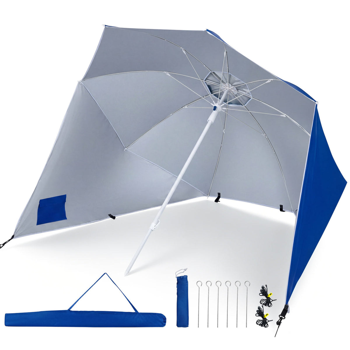 2-in-1 Beach Shelter Umbrella UPF 50+ with Side Panels for Camping Picnic-Blue