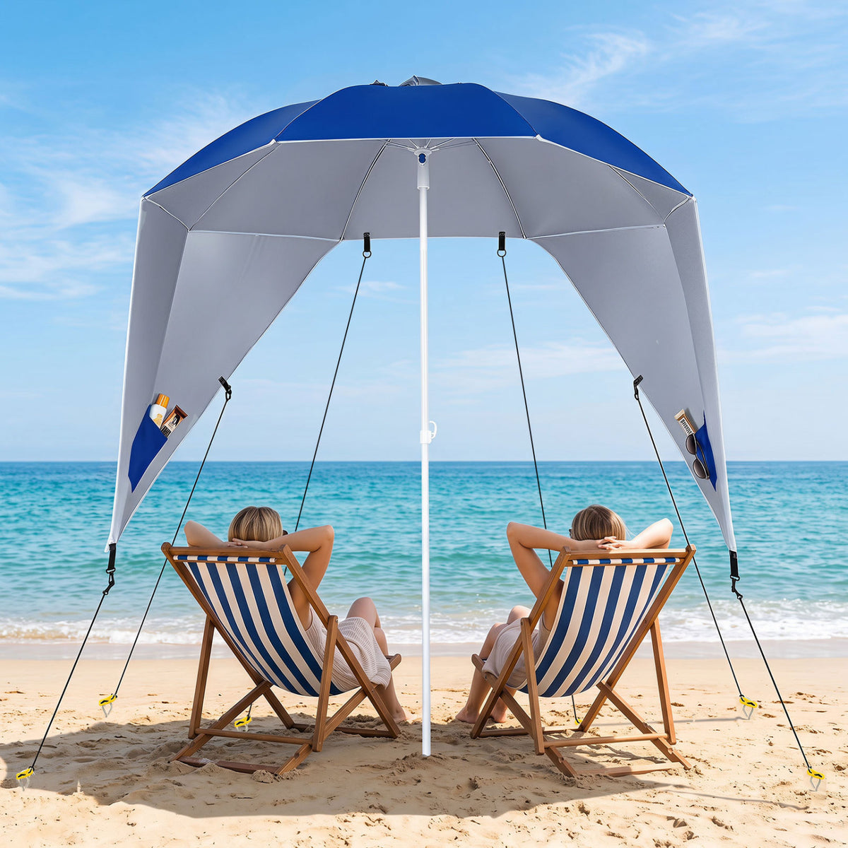 2-in-1 Beach Shelter Umbrella UPF 50+ with Side Panels for Camping Picnic-Blue