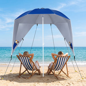 2-in-1 Beach Shelter Umbrella UPF 50+ with Side Panels for Camping Picnic-Blue