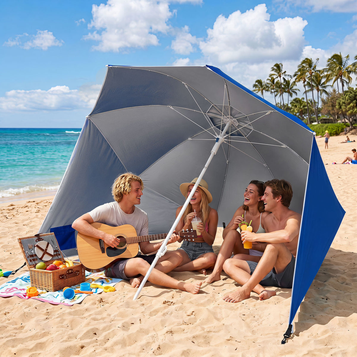 2-in-1 Beach Shelter Umbrella UPF 50+ with Side Panels for Camping Picnic-Blue