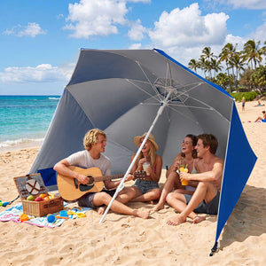 2-in-1 Beach Shelter Umbrella UPF 50+ with Side Panels for Camping Picnic-Blue