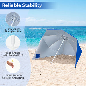2-in-1 Beach Shelter Umbrella UPF 50+ with Side Panels for Camping Picnic-Blue