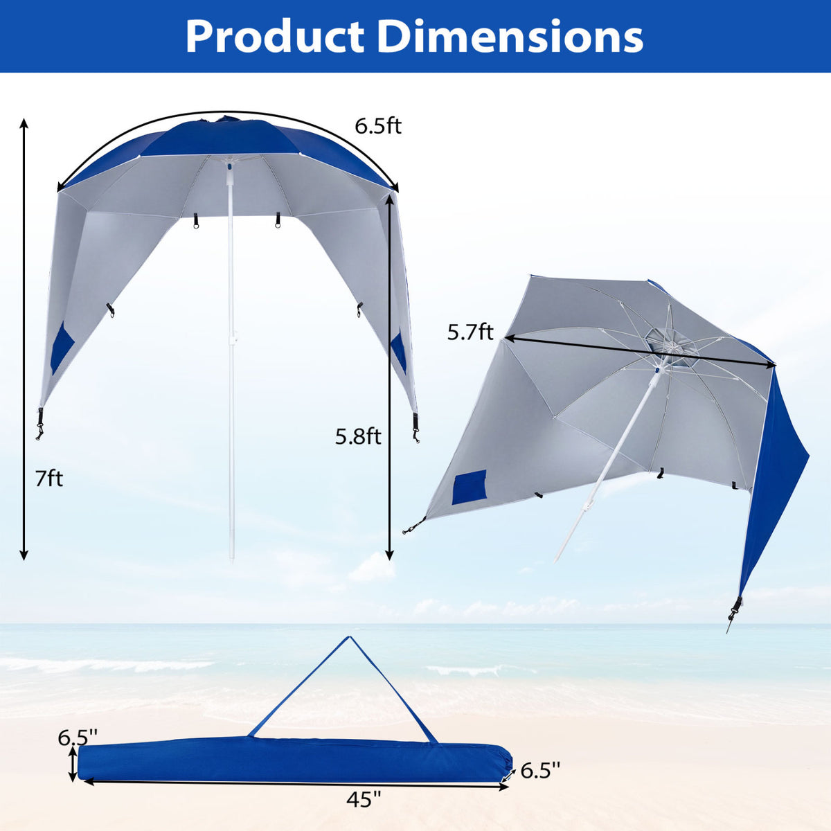 2-in-1 Beach Shelter Umbrella UPF 50+ with Side Panels for Camping Picnic-Blue