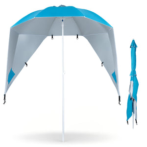2-in-1 Beach Shelter Umbrella UPF 50+ with Side Panels for Camping Picnic-Turquoise