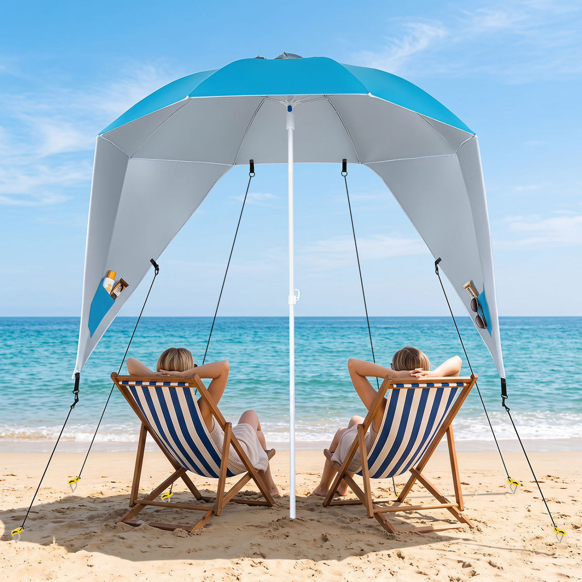 2-in-1 Beach Shelter Umbrella UPF 50+ with Side Panels for Camping Picnic-Turquoise
