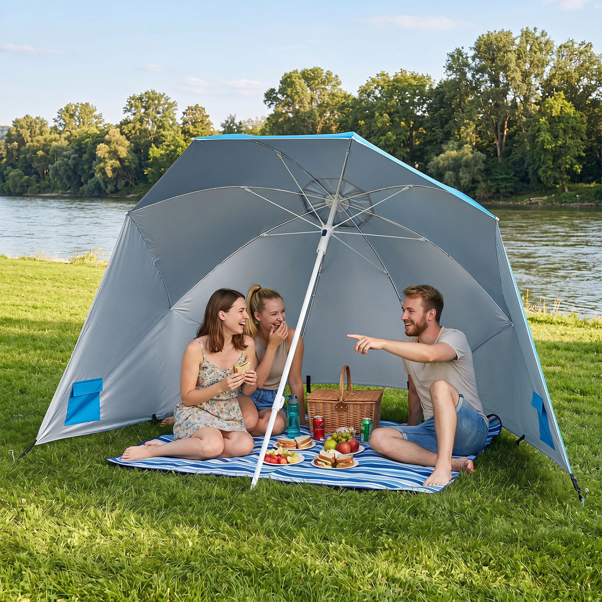 2-in-1 Beach Shelter Umbrella UPF 50+ with Side Panels for Camping Picnic-Turquoise