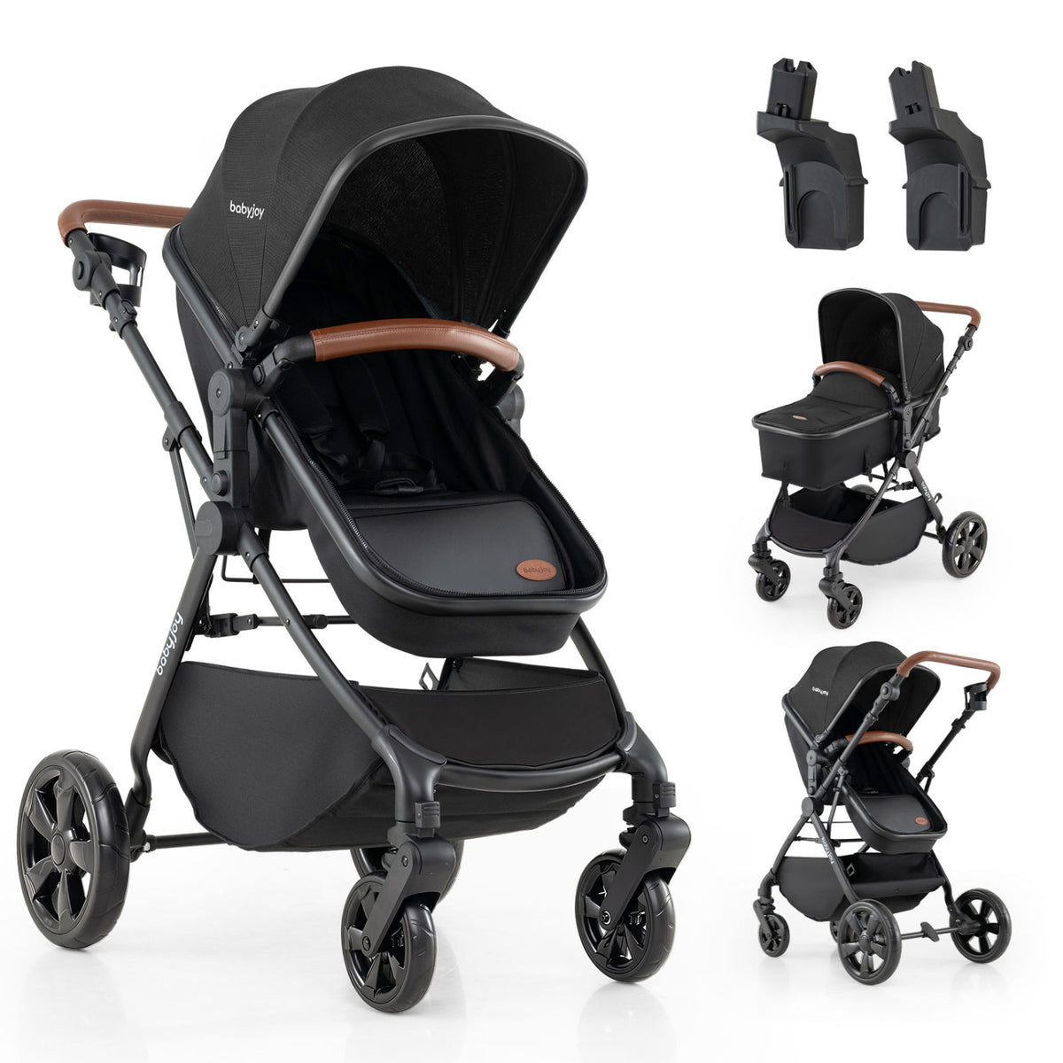 2-in-1 Convertible Baby Stroller with Car Seat Adapters-Black
