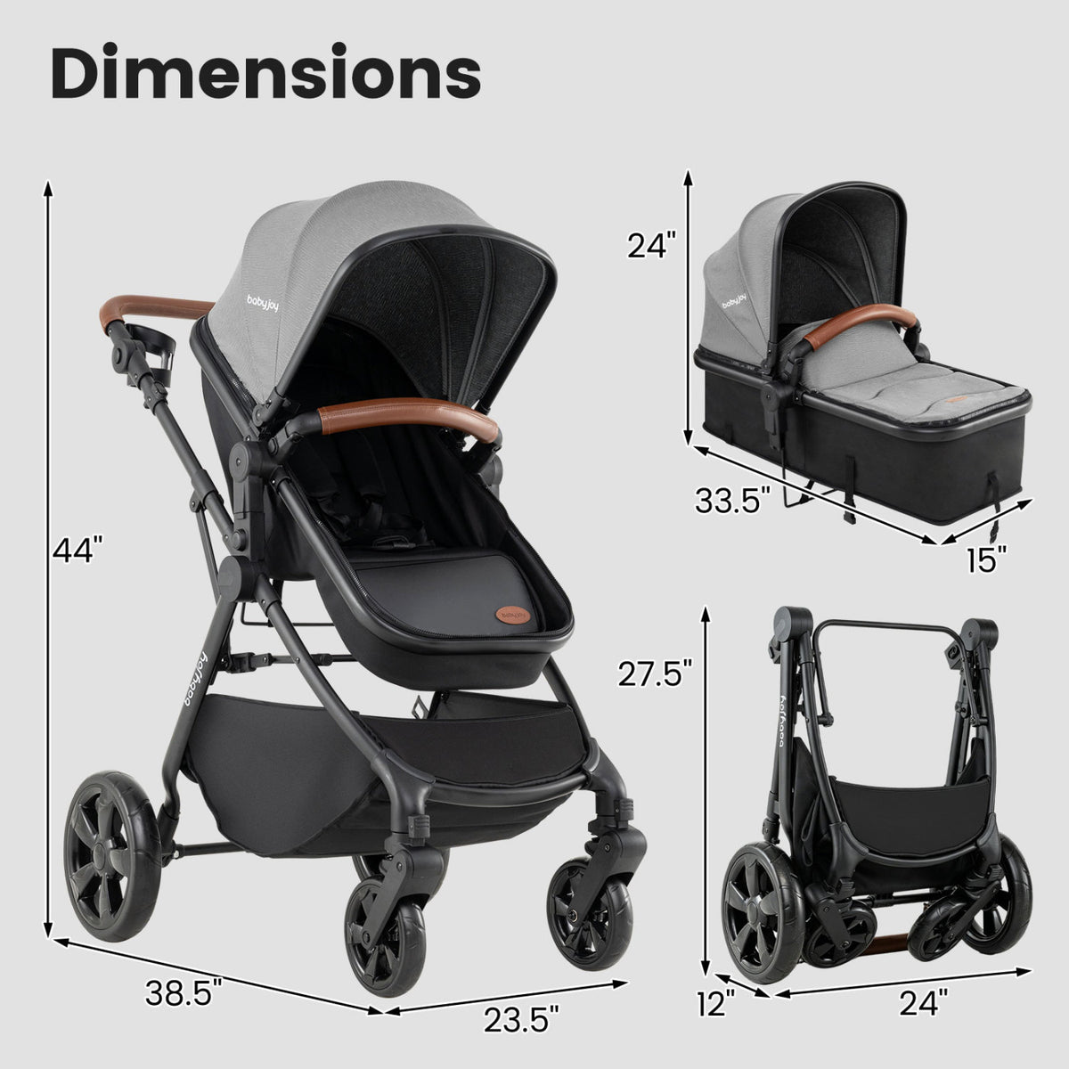 2-in-1 Convertible Baby Stroller with Car Seat Adapters-Gray