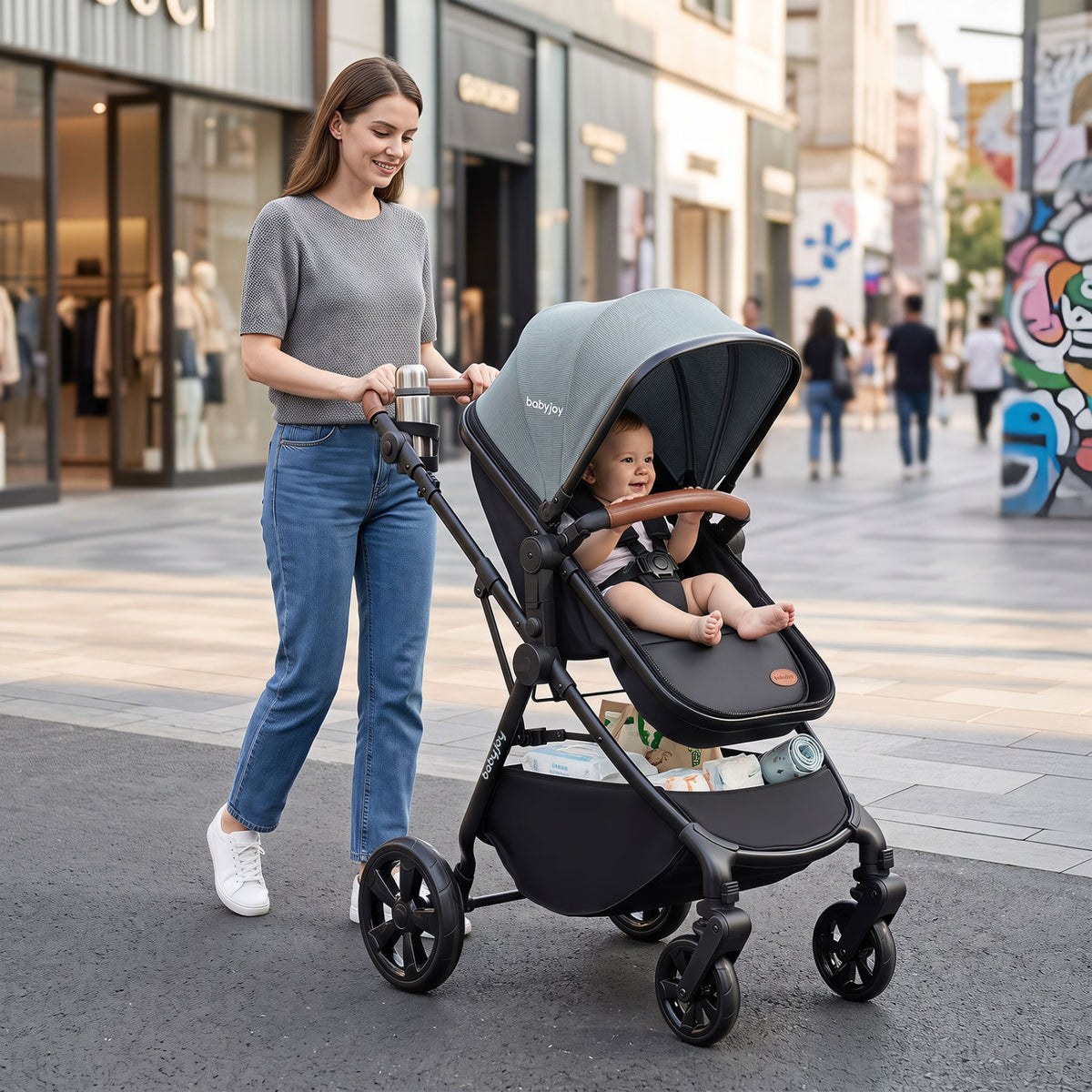 2-in-1 Convertible Baby Stroller with Car Seat Adapters-Turquoise