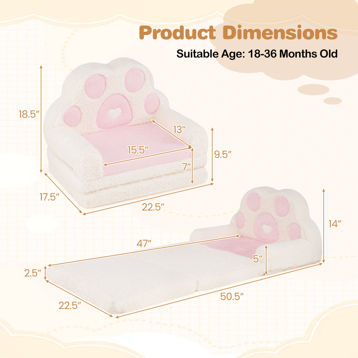 2-in-1 Convertible Kids Sofa to Lounger with Removable Cover-Pink