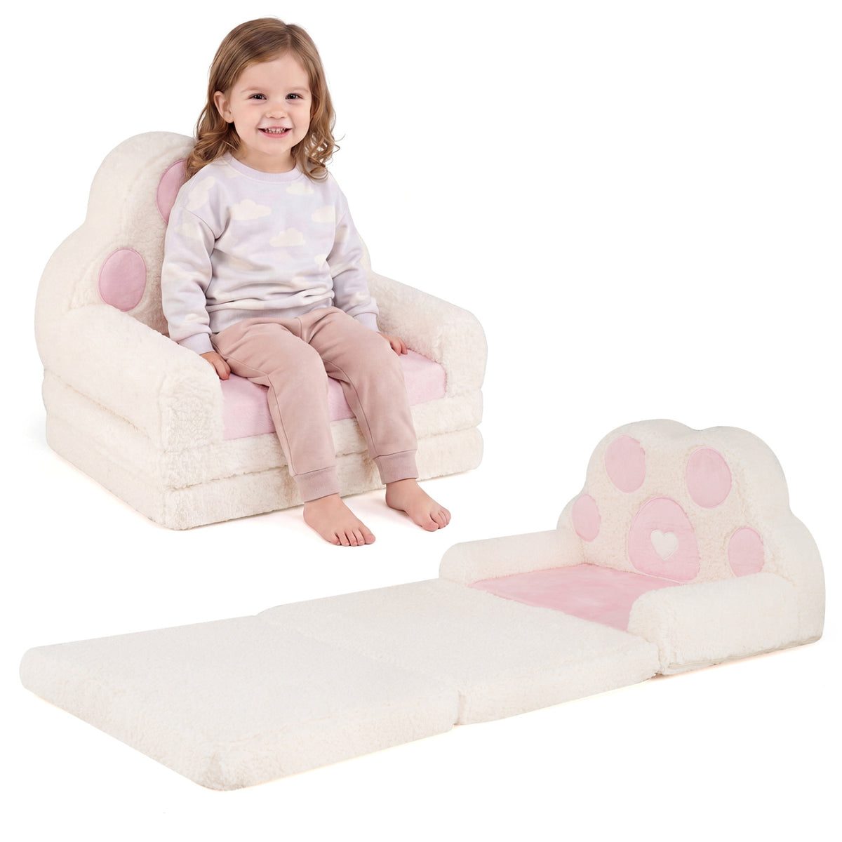 2-in-1 Convertible Kids Sofa to Lounger with Removable Cover-Pink