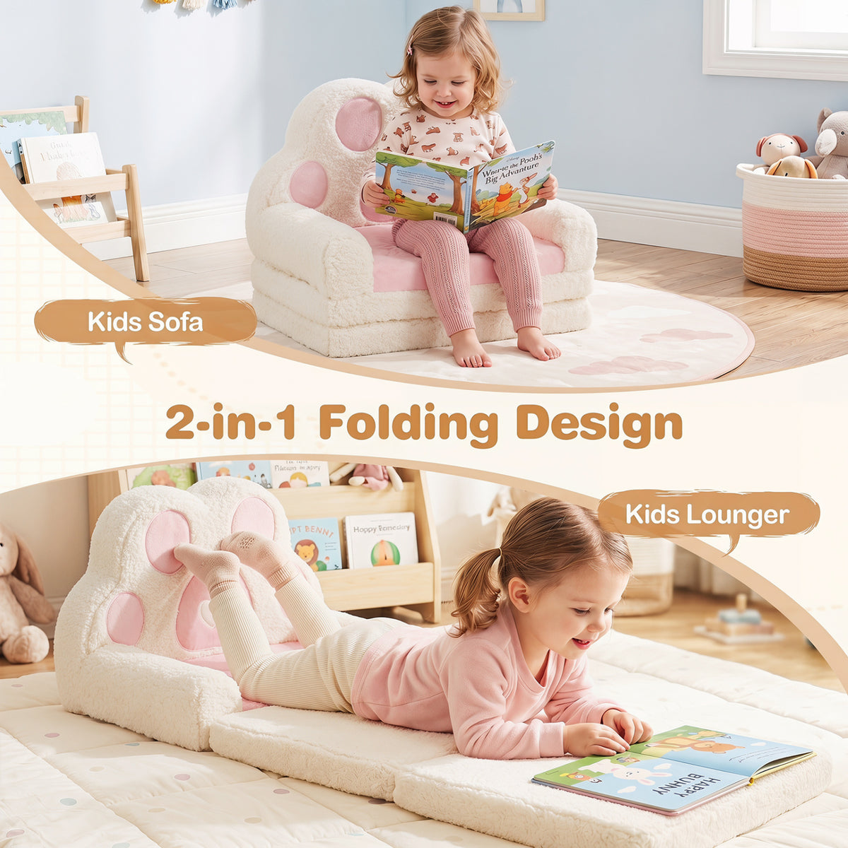 2-in-1 Convertible Kids Sofa to Lounger with Removable Cover-Pink