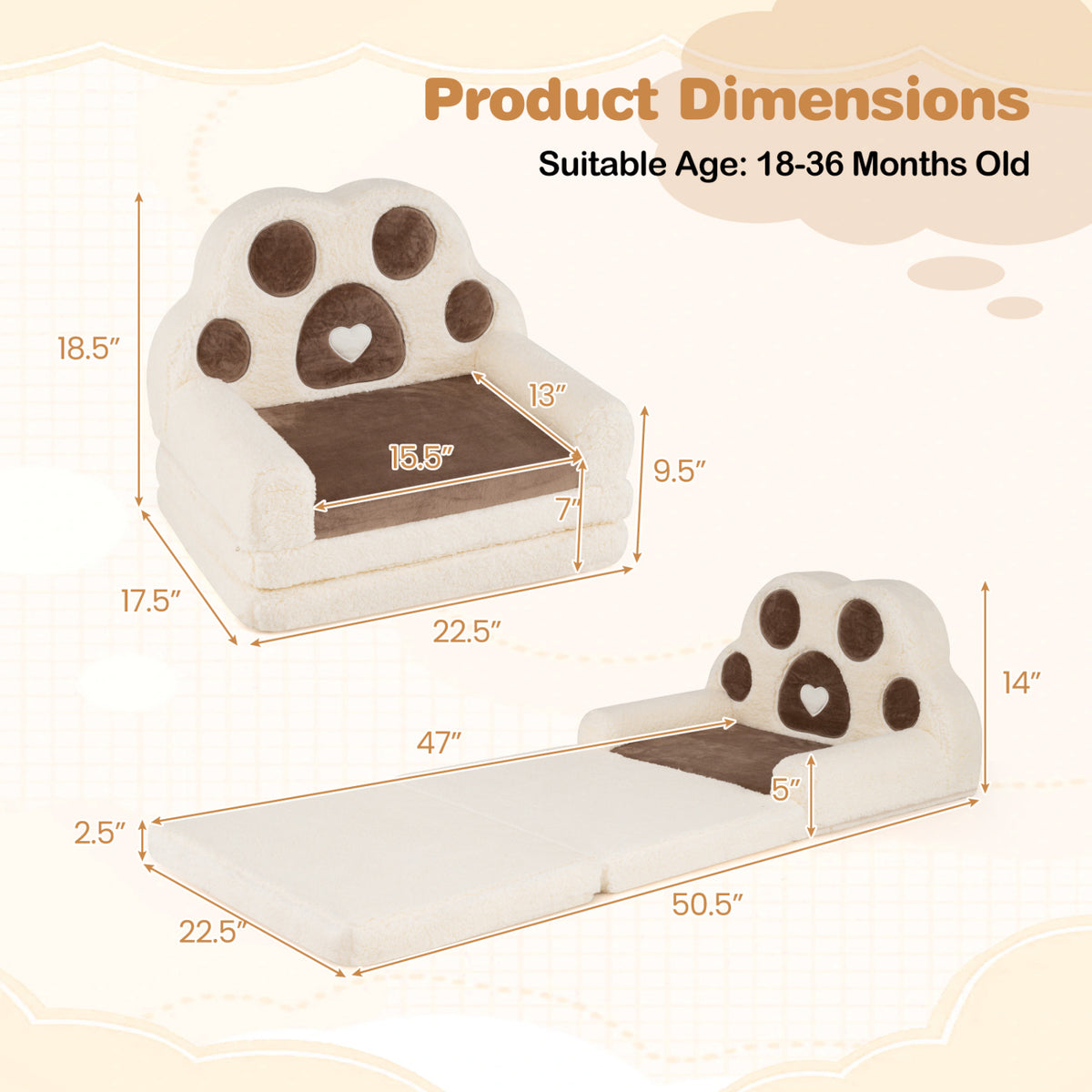 2-in-1 Convertible Kids Sofa to Lounger with Removable Cover-Brown