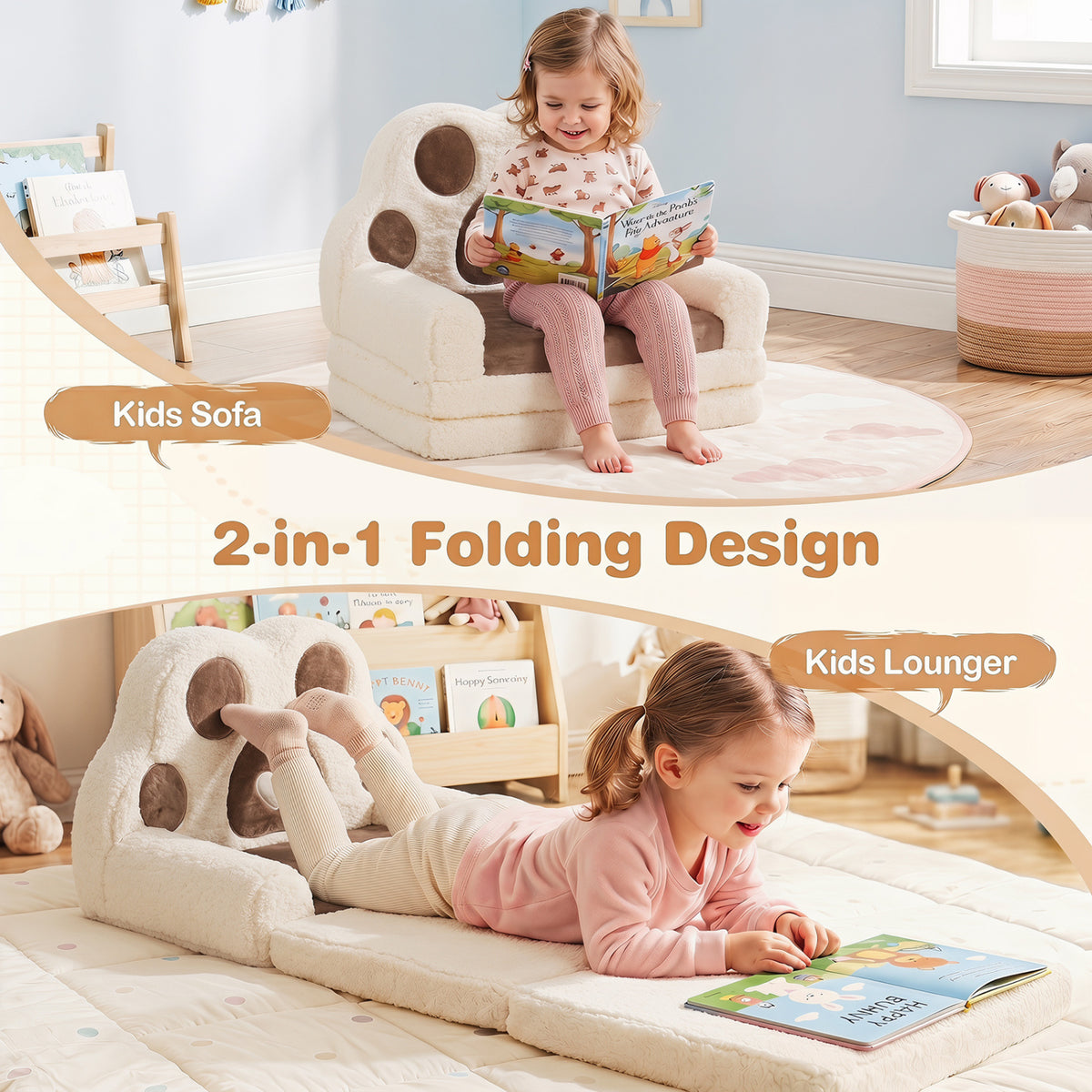 2-in-1 Convertible Kids Sofa to Lounger with Removable Cover-Brown