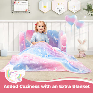 2-in-1 Folding Kids Couch with Blanket Glow in the Dark-Multicolor