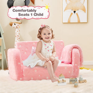 2-in-1 Folding Kids Couch with Blanket Glow in the Dark-Pink
