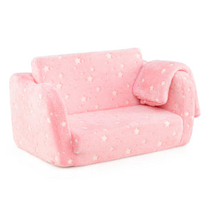 2-in-1 Folding Kids Couch with Blanket Glow in the Dark-Pink